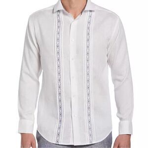 Cubavera White Linen Button Down Shirt with Geo-Embroidered Pintucked Panels